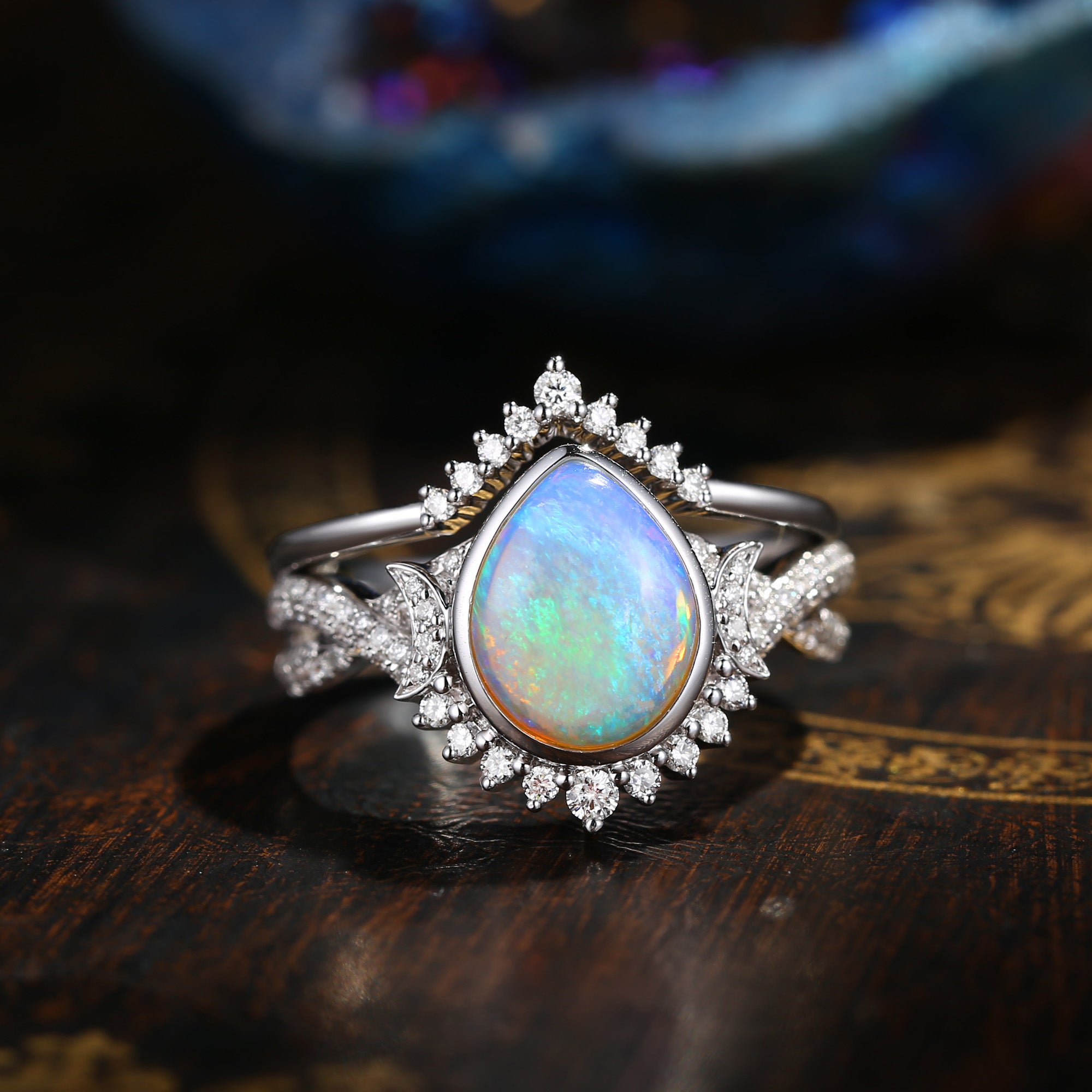 Crescent Moon | Unique Infinity Natural Opal Engagement Ring Set 2PCS - Blue Moonlight