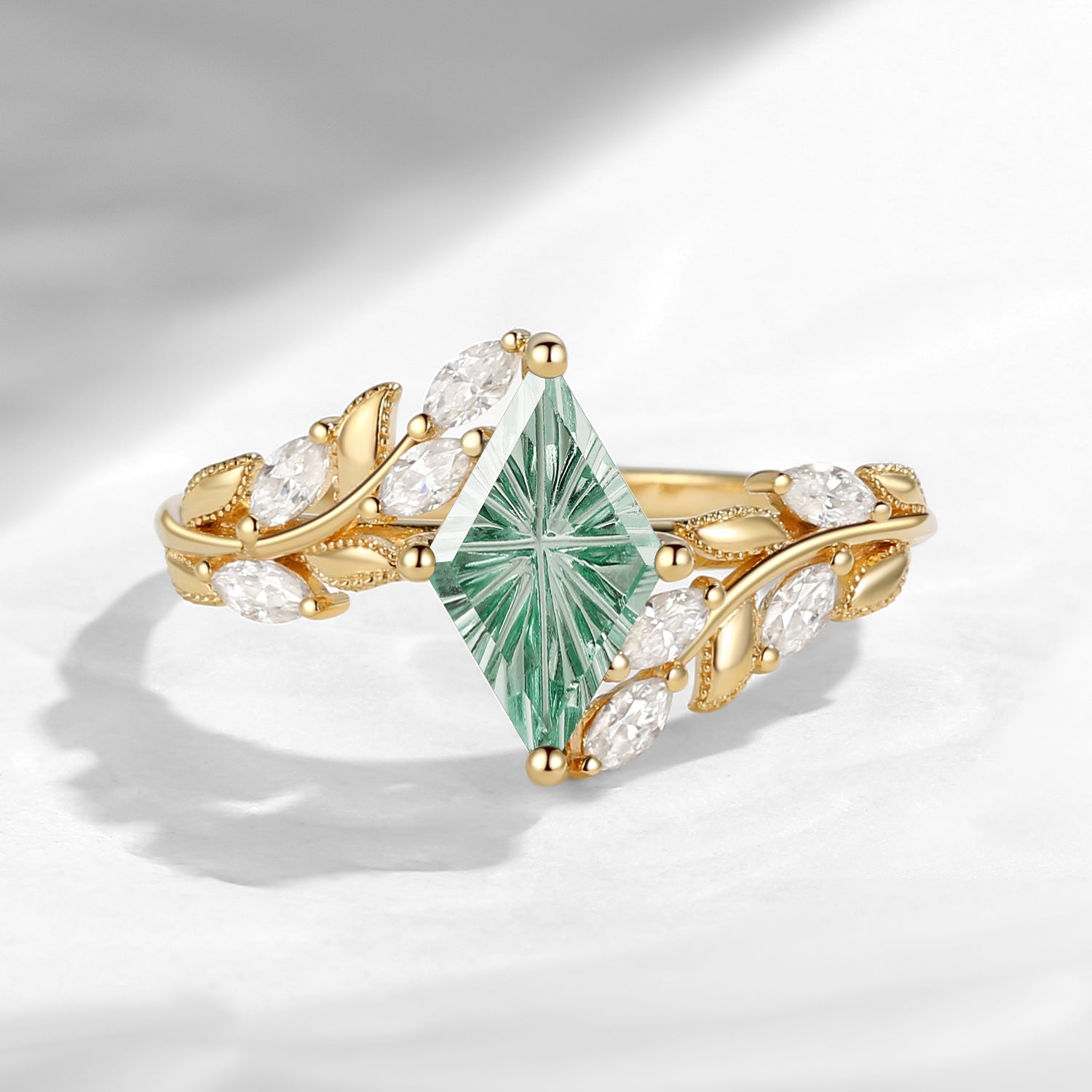 Fantasy Carved Unique Nature Inspired Kite Cut Lab Green Sapphire Leaf Engagement Ring