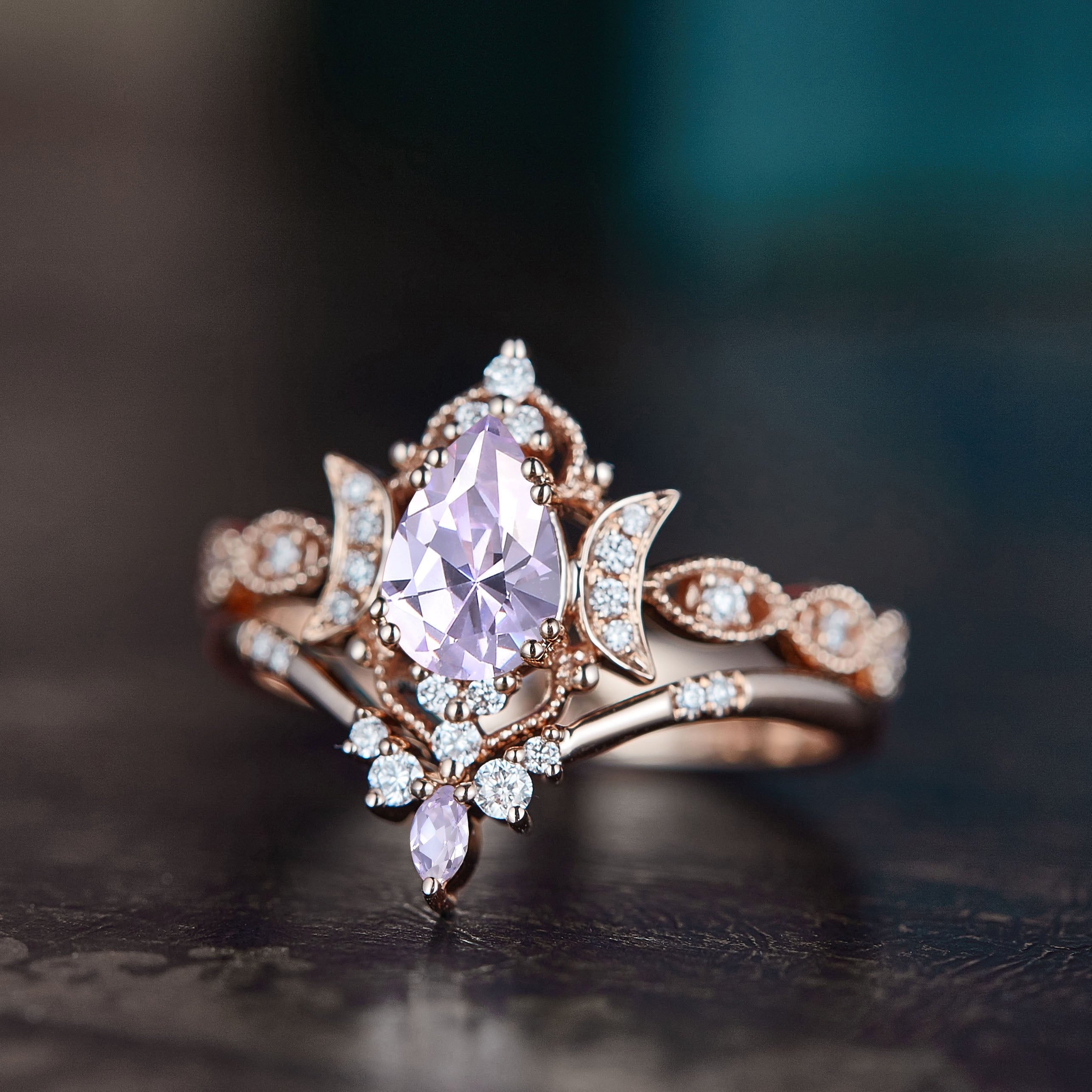 Crescent Moon | Vintage Pear Cut Lab Lavender Sapphire Engagement Ring 2pcs - Luna