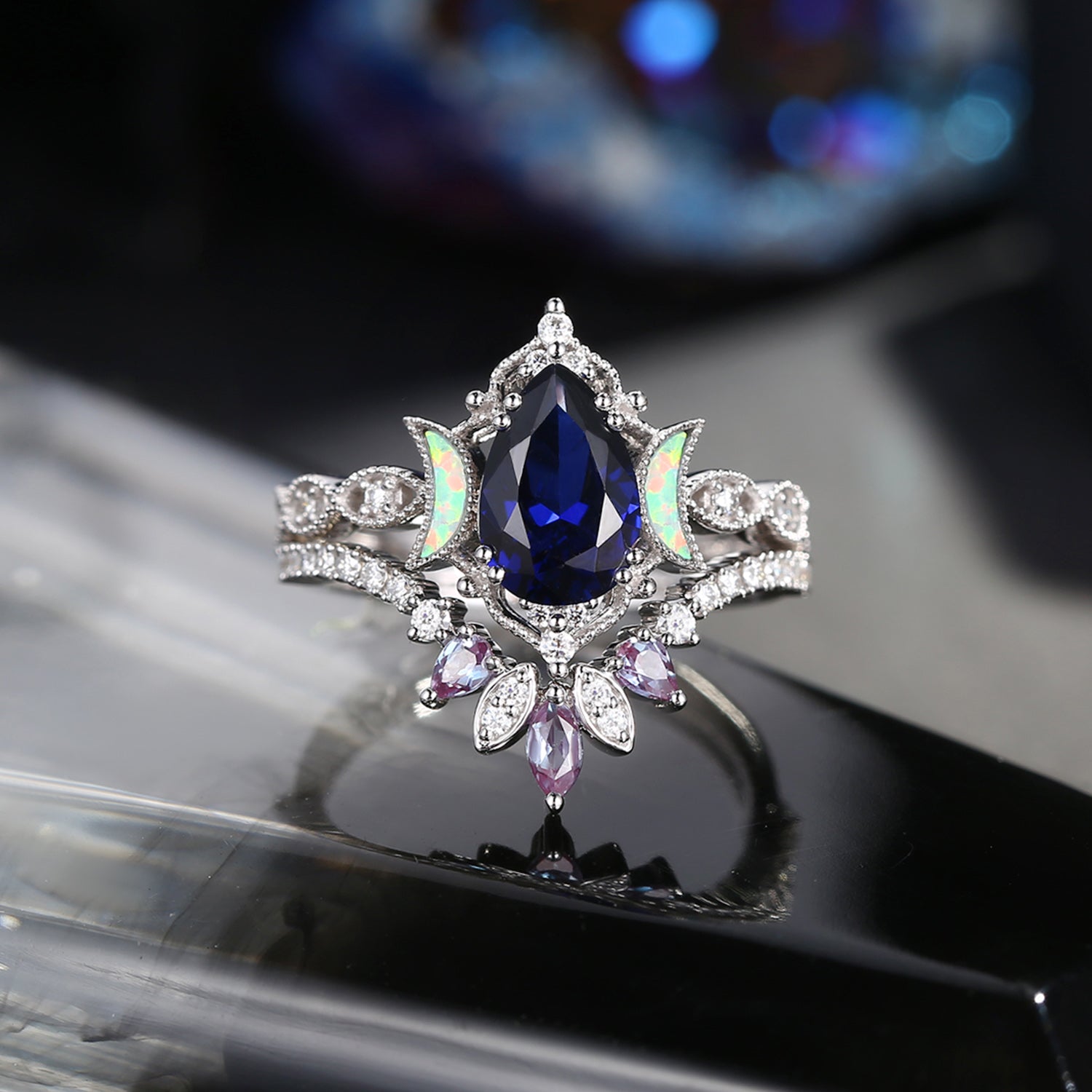 Crescent Moon | Pear Cut Lab Blue Sapphire &amp; Alexandrite 'Ultra Galaxy' Engagement Ring Set 2pcs