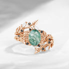 Nature Inspired Celtic Twist Oval Cut Moss Agate Hawthorn Leaf Engagement Ring Set 2pcs