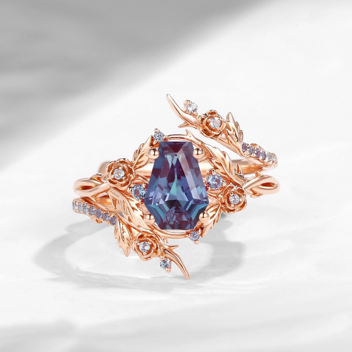 Vintage Twist Coffin Cut Lab Alexandrite Nature Inspired Engagement Ring Set 2pcs