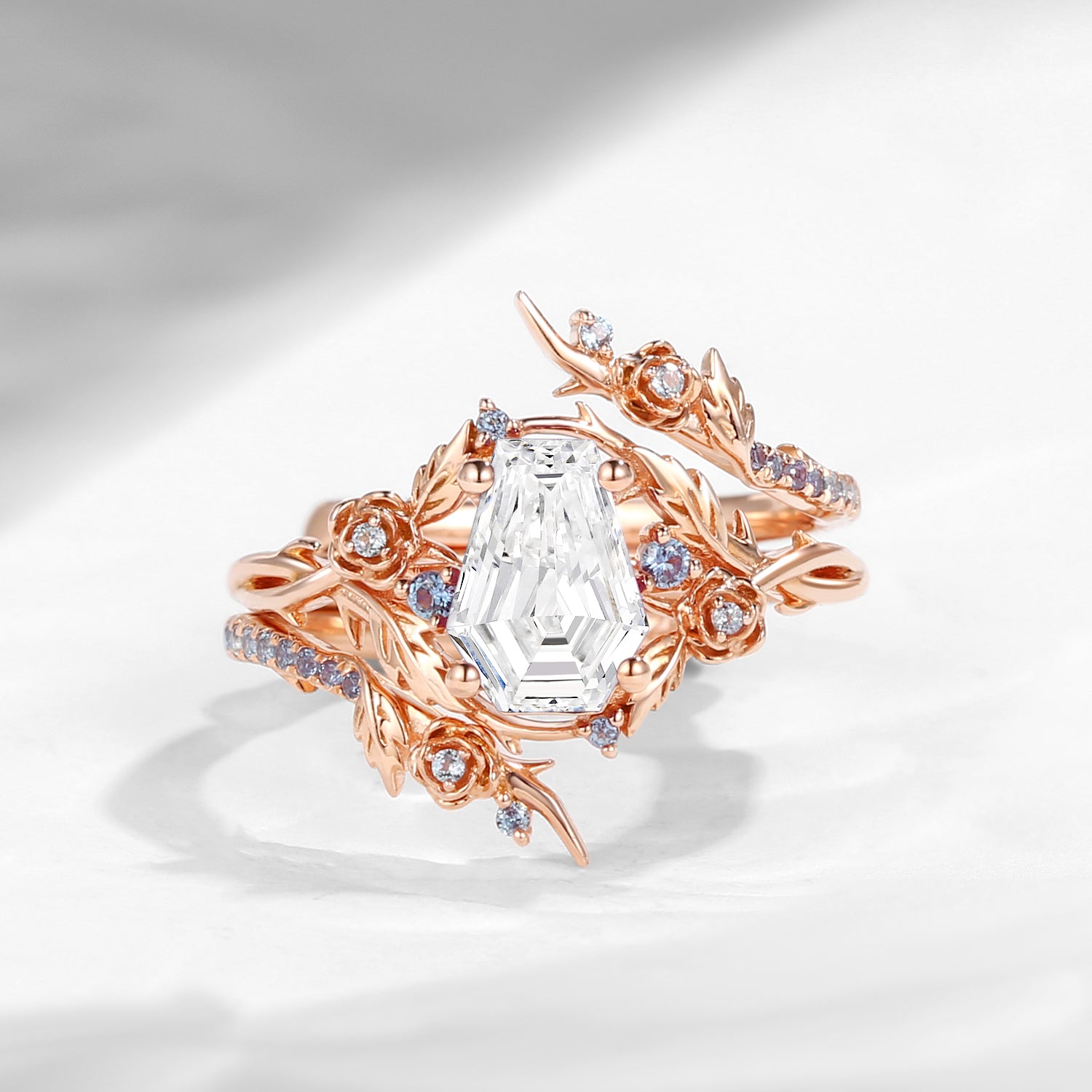 Nature Inspired Twist Coffin Cut Moissanite Engagement Ring Set 2pcs