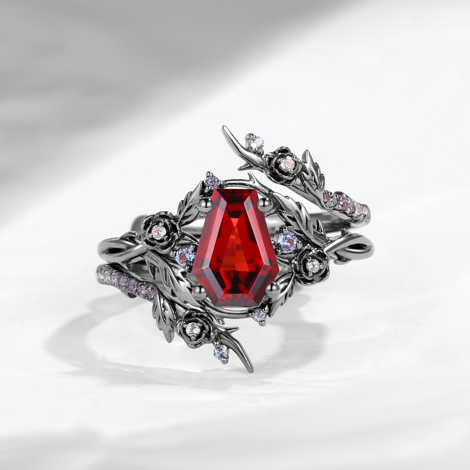 Nature Inspired Twist Coffin Cut Garnet Engagement Ring Set 2pcs