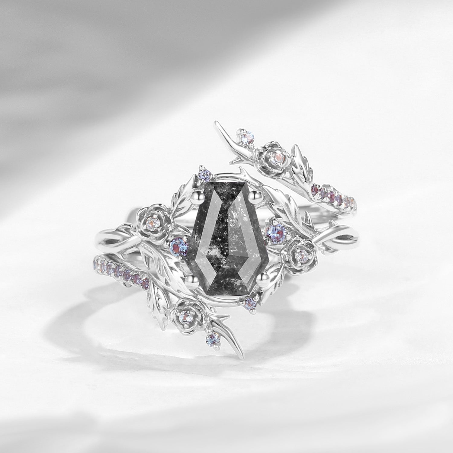 Nature Inspired Twist Coffin Cut Salt & Pepper Diamond Engagement Ring Set 2pcs