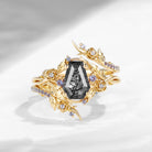 Nature Inspired Twist Coffin Cut Black Rutilated Quartz Engagement Ring Set 2pcs