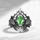 Non-Traditional Coffin Cut Lab Tsavorite Bat Wing Inspired Black Gold Engagement Ring 3pcs