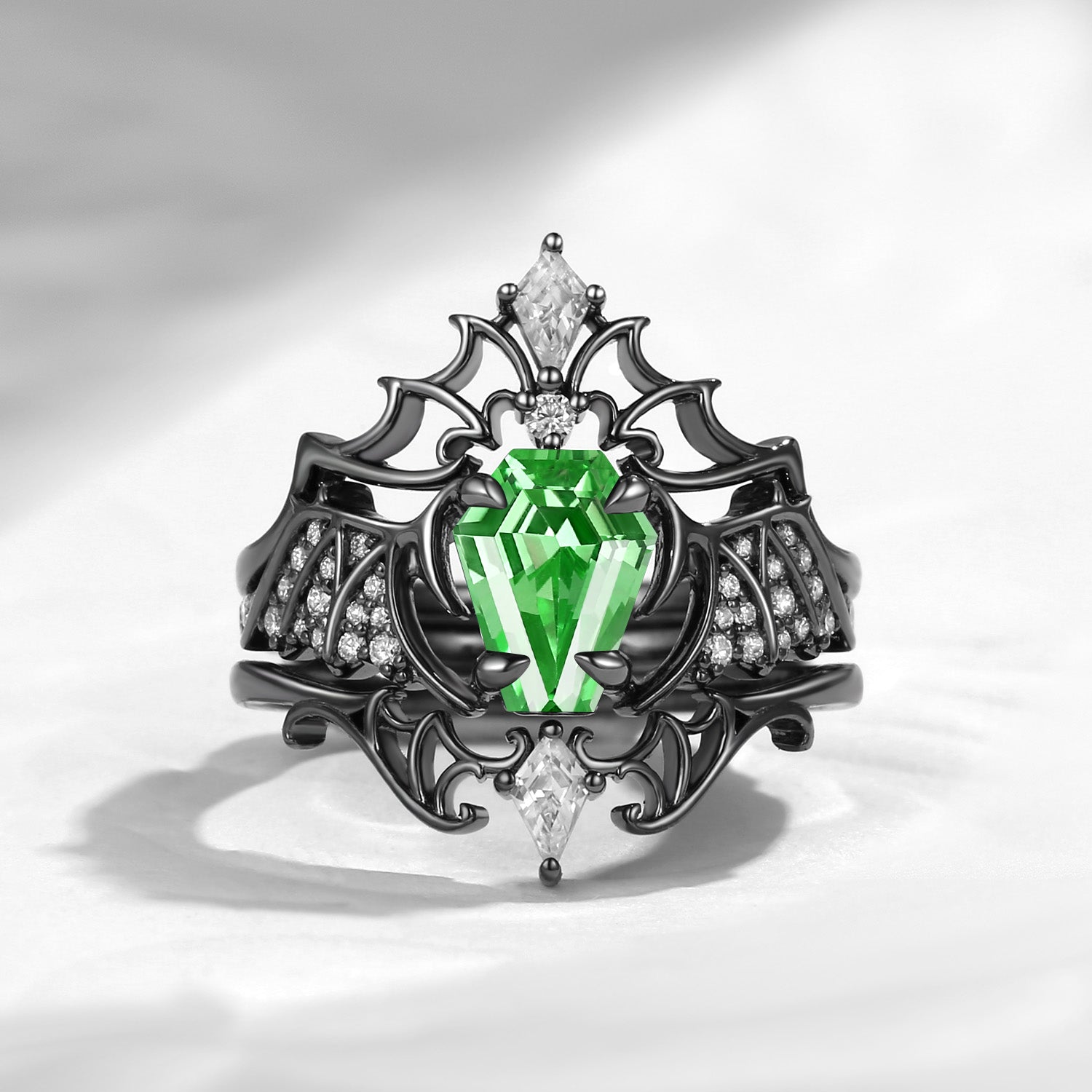 Non-Traditional Coffin Cut Lab Tsavorite Bat Wing Inspired Black Gold Engagement Ring 3pcs