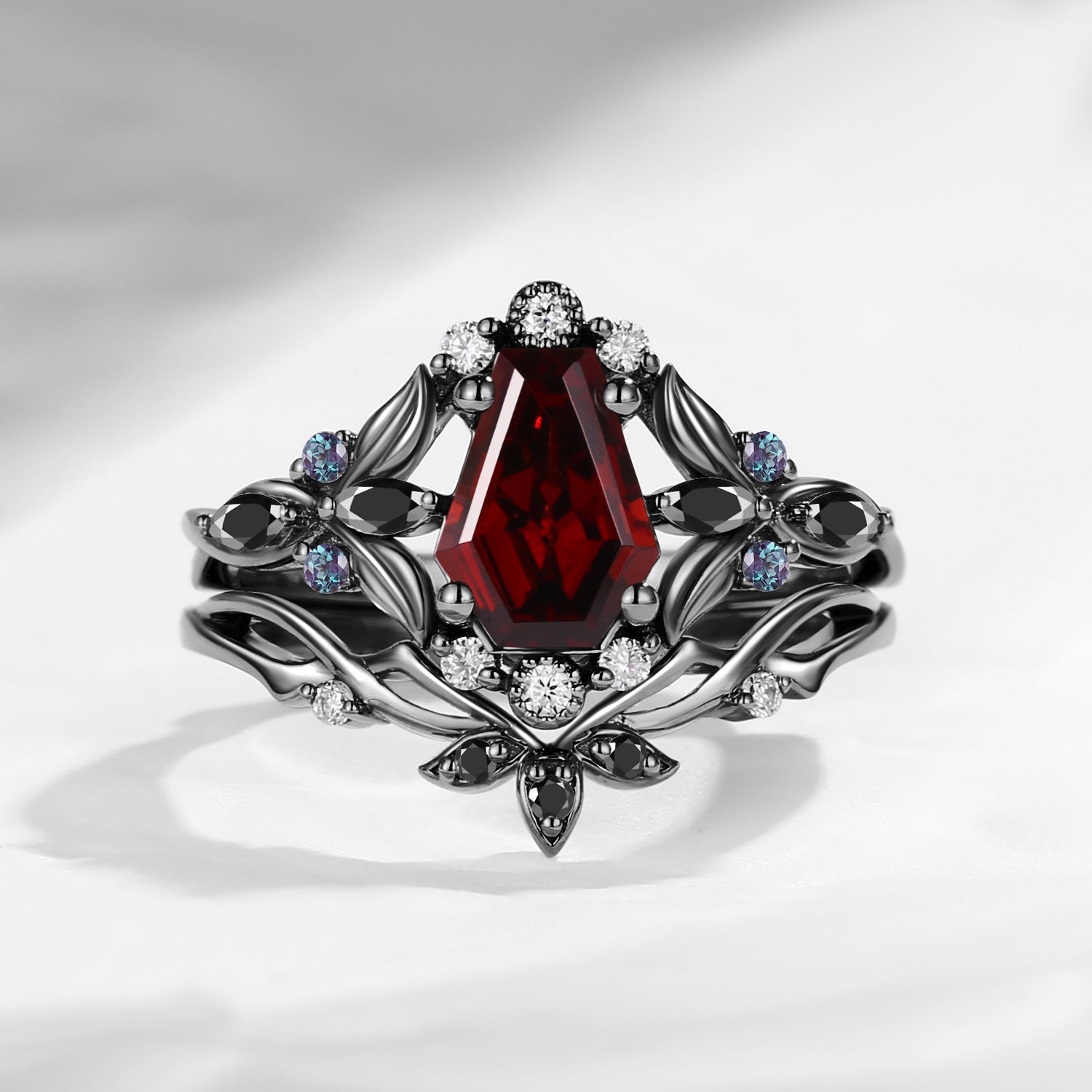 Gothic Style Coffin Cut Garnet Nature Inspired Engagement Ring Set 2pcs