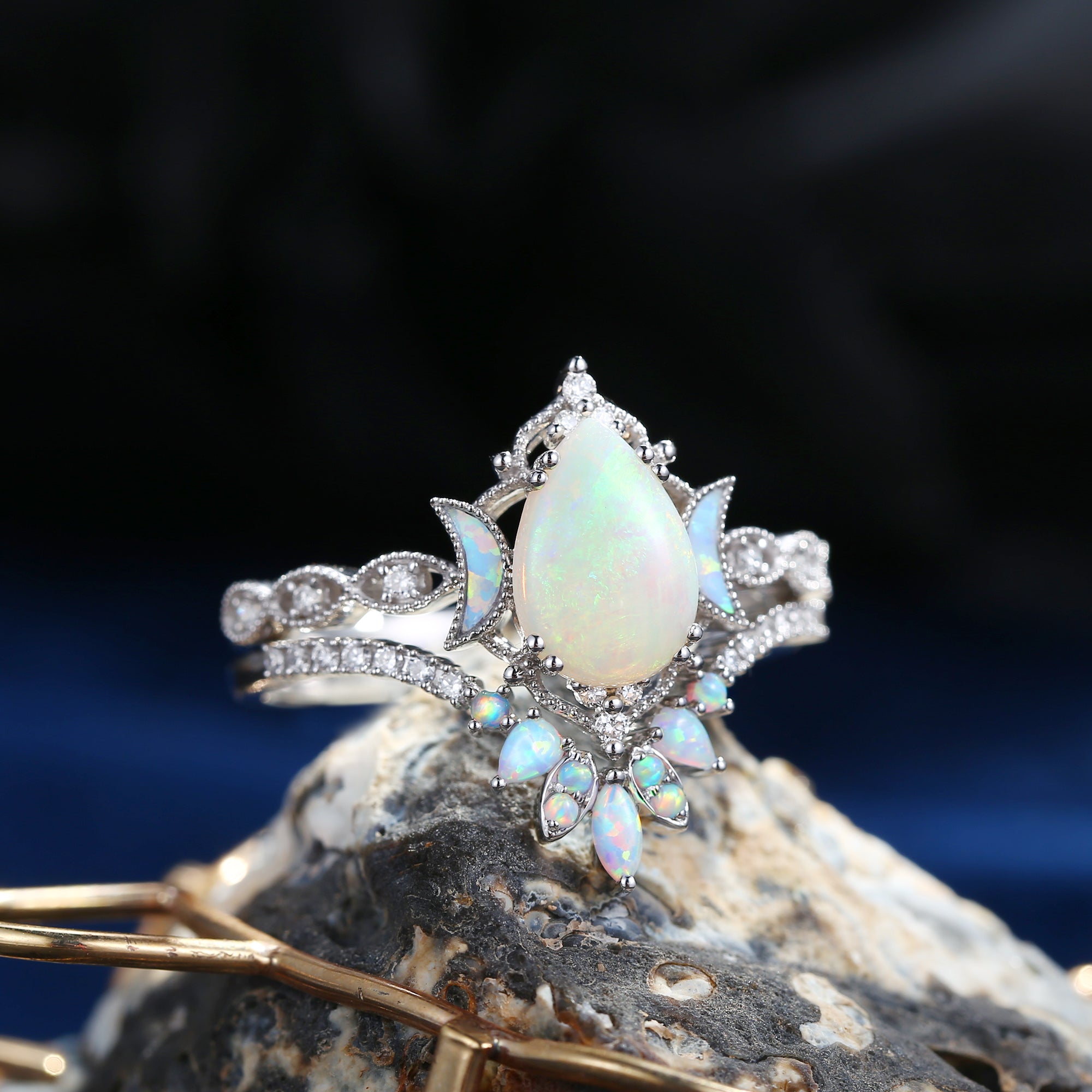 Crescent Moon | Pear Cut Natural Opal 'Ultra Galaxy' Engagement Ring Set 2pcs