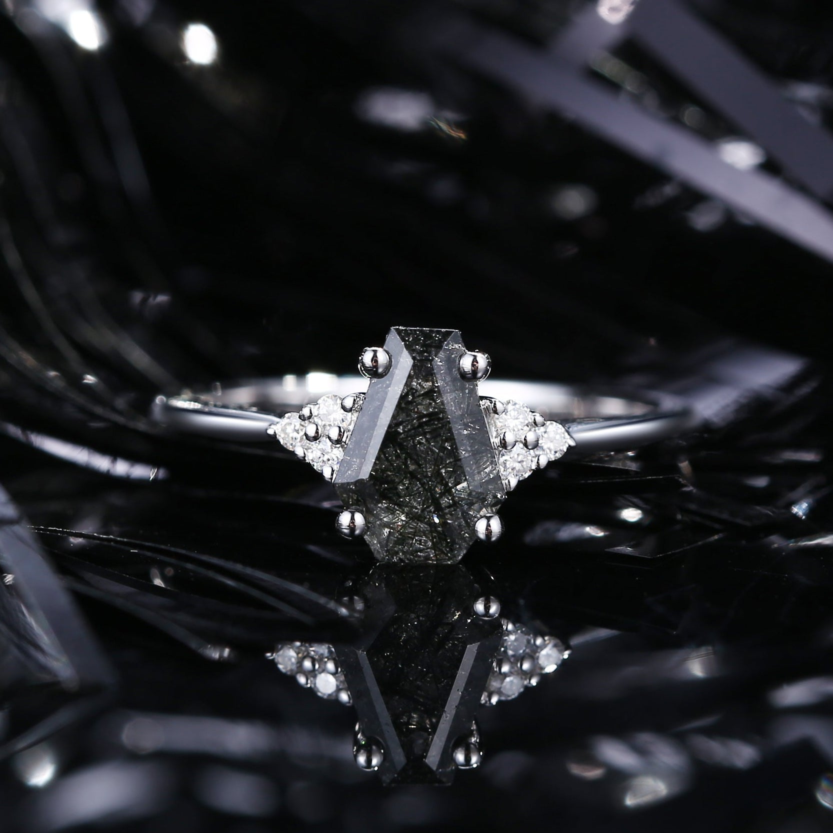 Classic Coffin Shaped Black Rutilated Quartz Engagement Ring