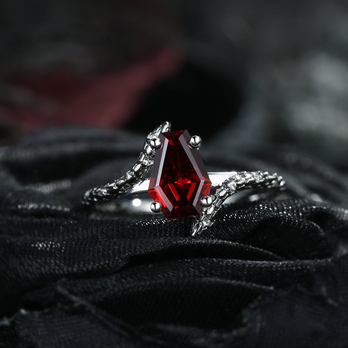 Vintage Twist Coffin Cut Garnet Engagement Ring - Serpent's Embrace