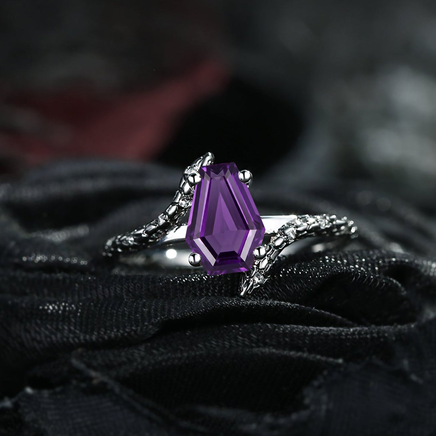 Serpent's Embrace - Gothic Coffin Cut Amethyst Two-Tone Twist Engagement Ring