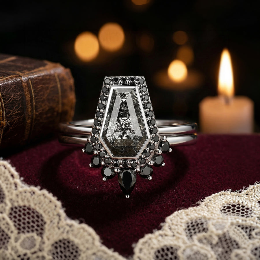 Coffin cut salt and pepper diamond gothic engagement ring set