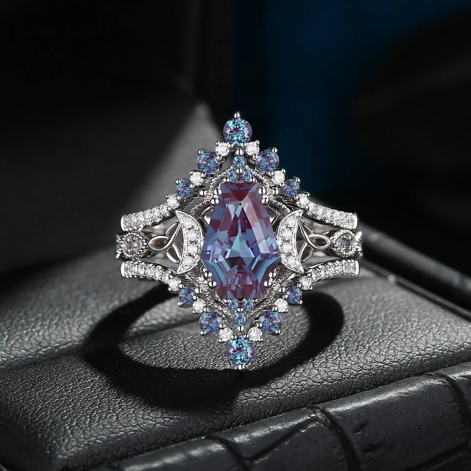 Crescent Moon | Unique Coffin Lab Alexandrite Celtic Infinity Engagement Ring Set 3pcs