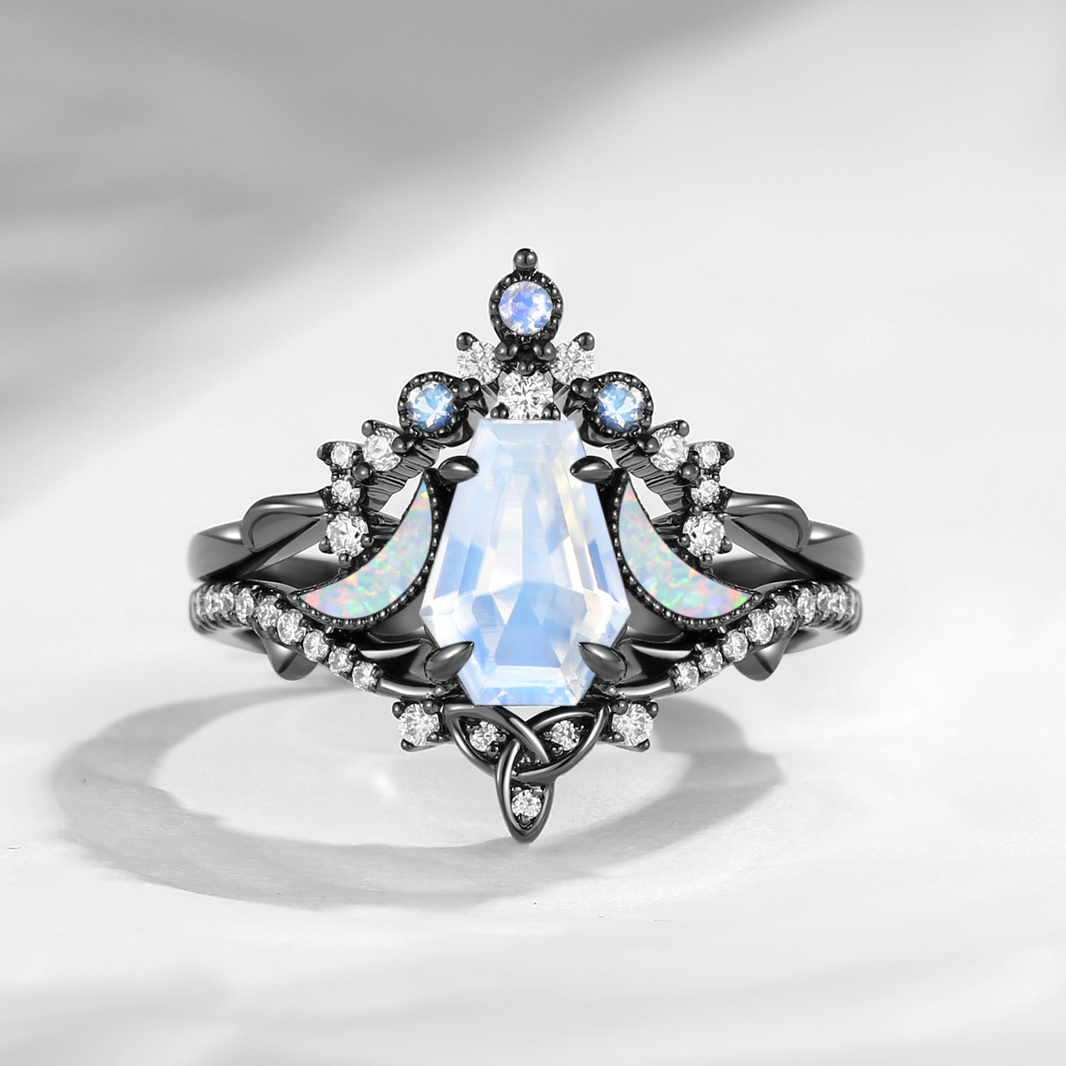 Celtic Moon | Coffin Cut Moonstone & Opal 'Celestial Moon' Celtic Engagement Ring Set 2pcs