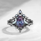 'Celestial Moon' - Gothic Coffin Cut Lab Alexandrite Celtic Moon Engagement Ring Set