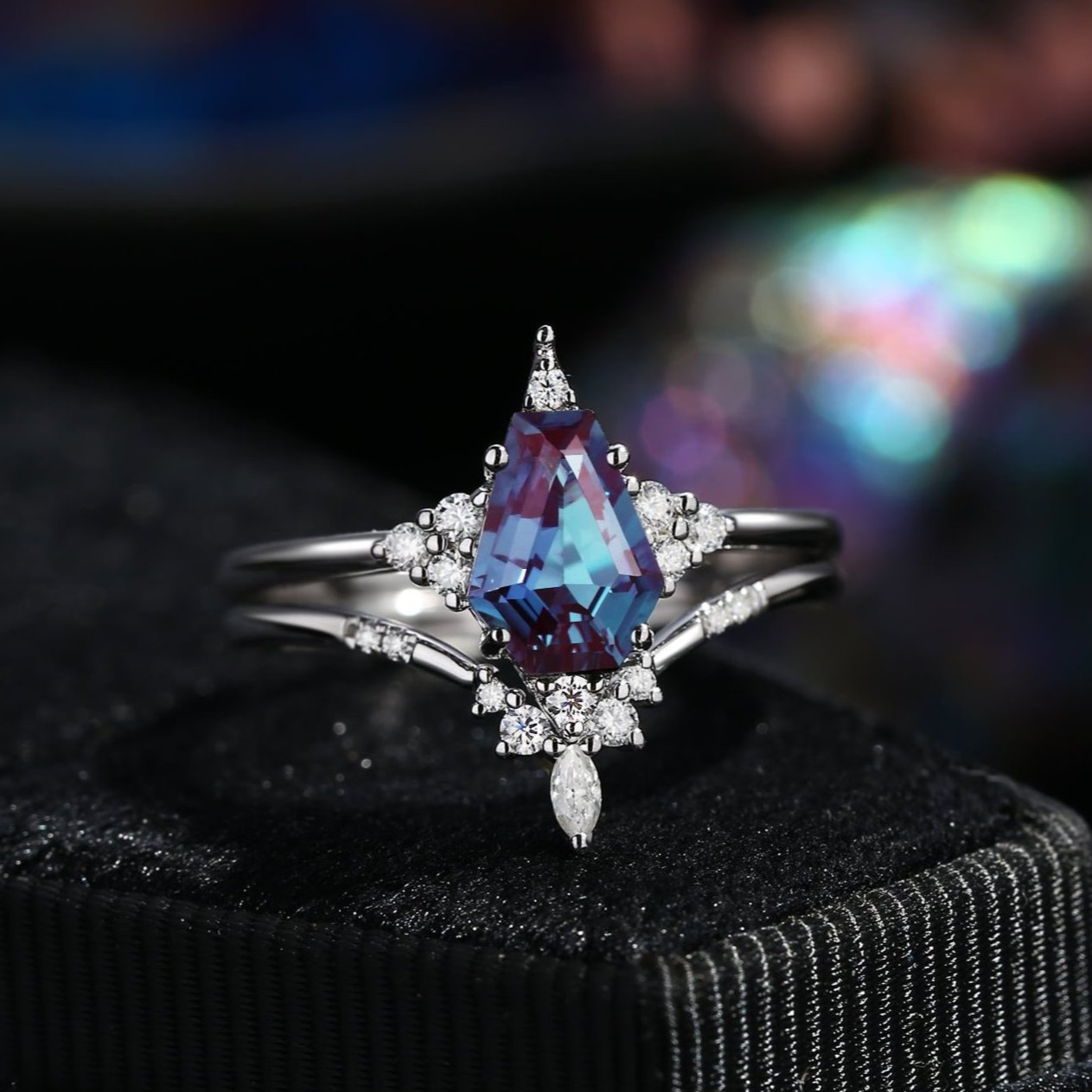 Unique Coffin Alexandrite Engagement Star Ring Set 2pcs - Coffin Kite