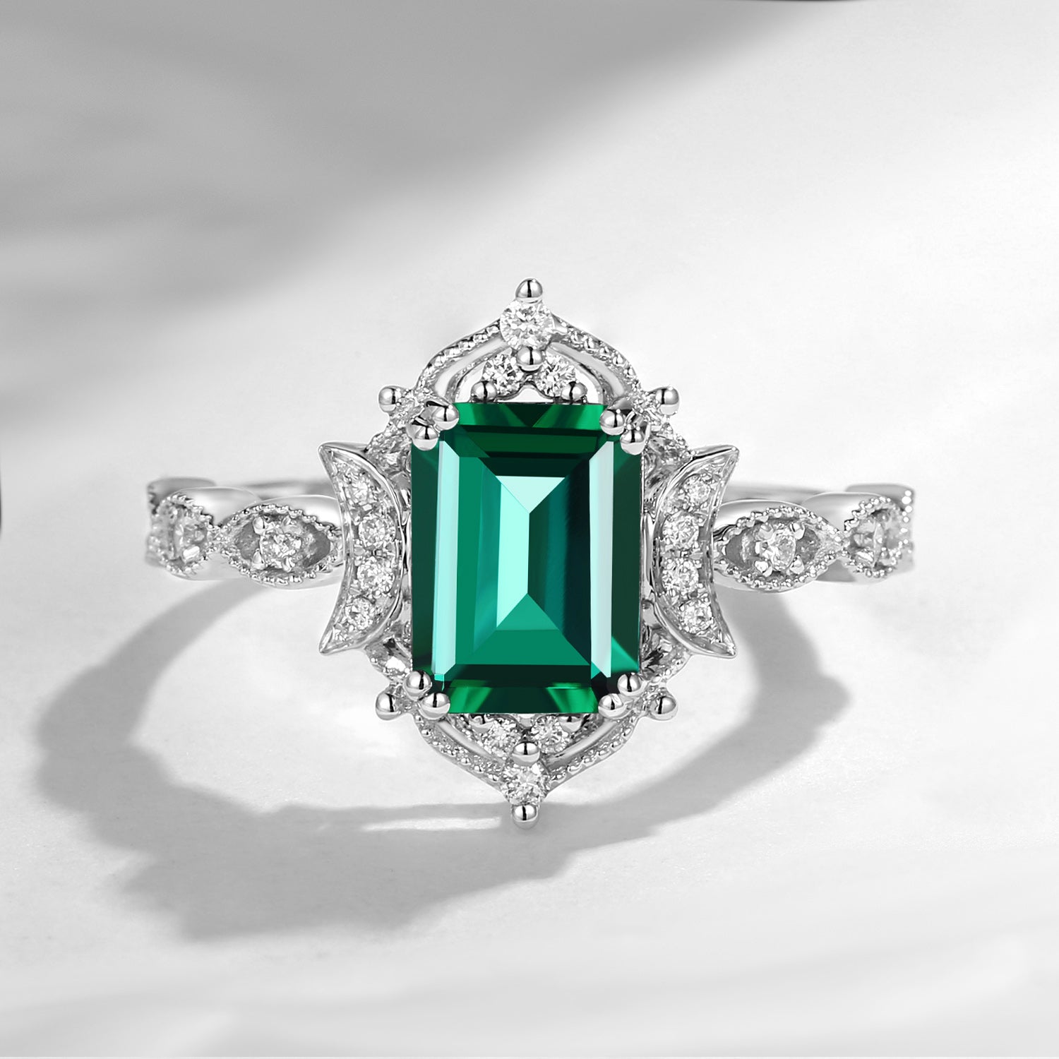 Crescent Moon | Art Deco Lab Emerald Engagement Ring