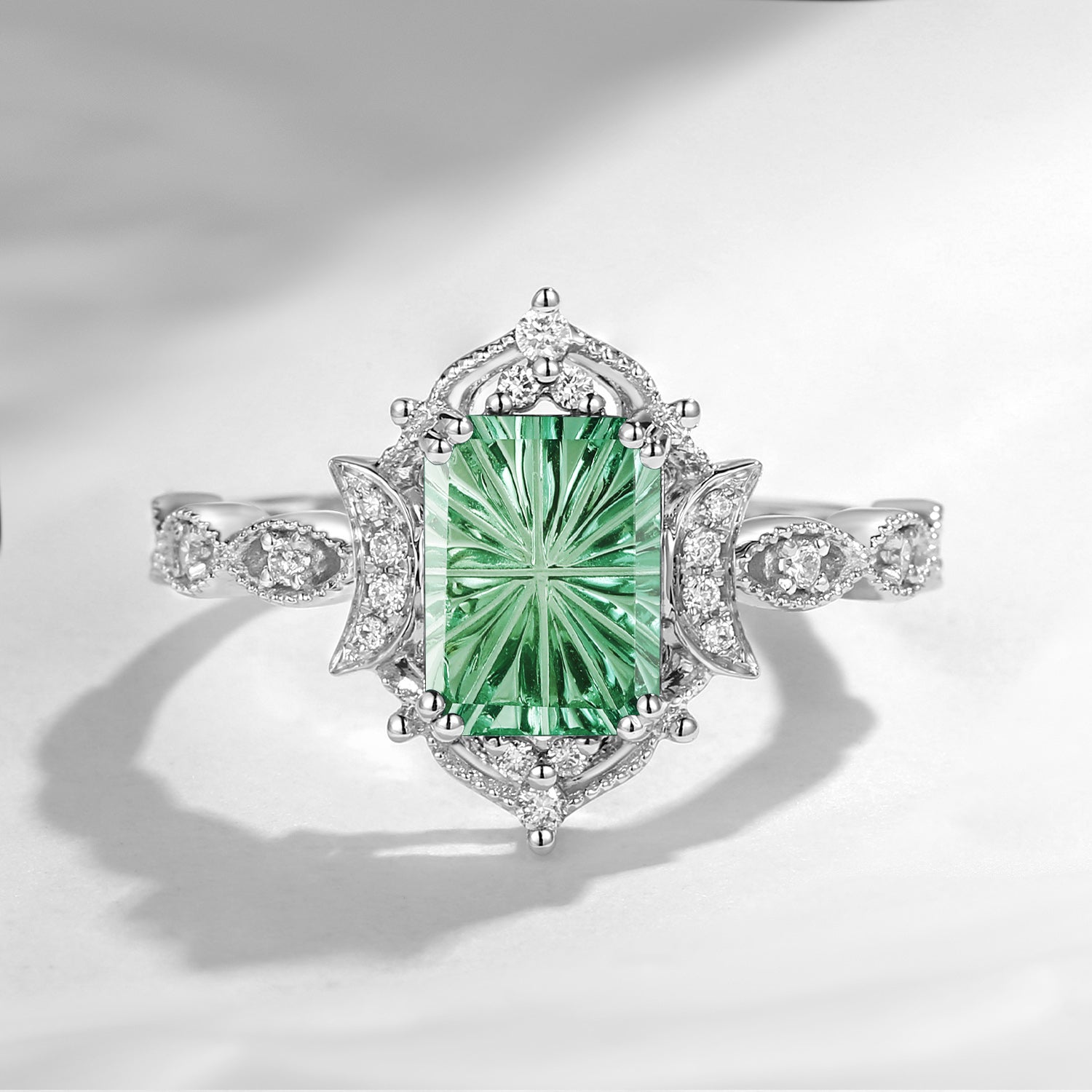 Crescent Moon | Art Deco Fantasy Carved Emerald Cut Lab Green Sapphire Engagement Ring