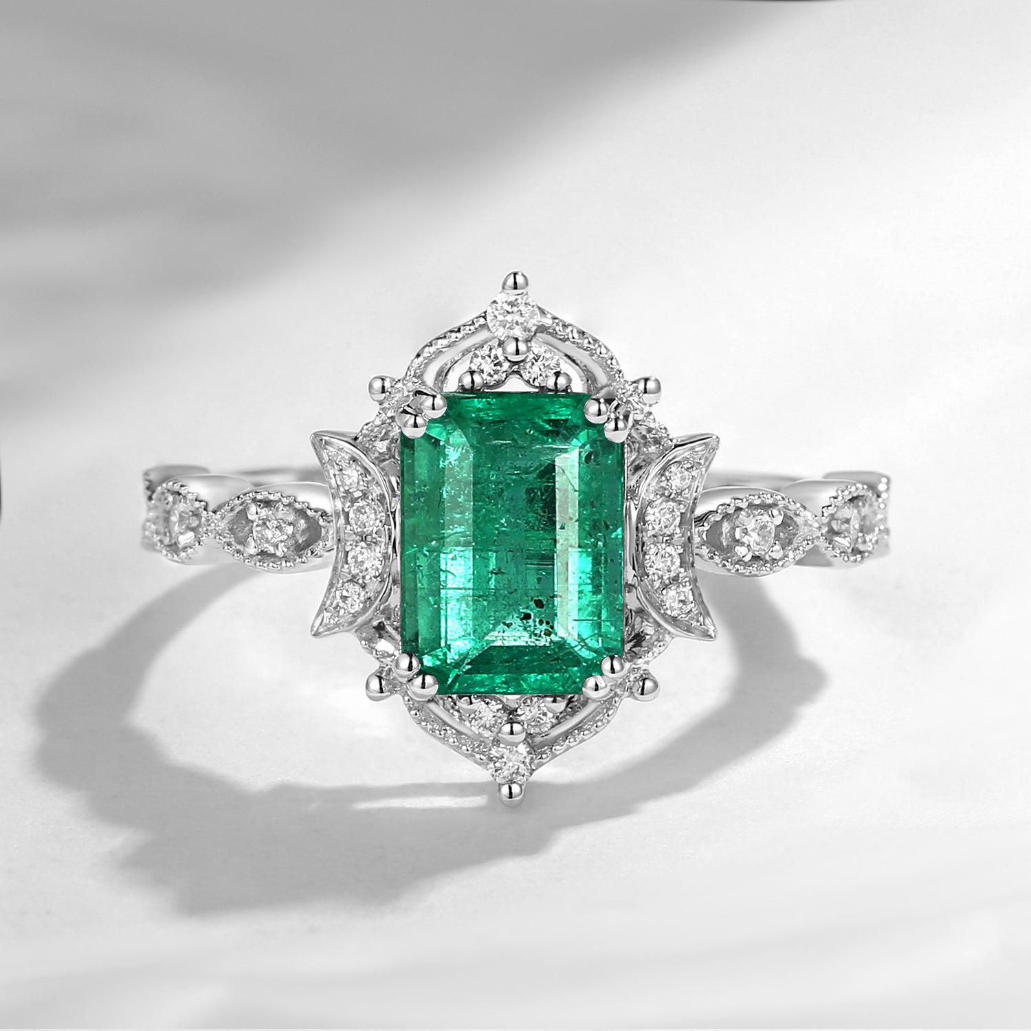 Crescent Moon | Vintage Inspired Art Deco Emerald Cut Natural Emerald Engagement Ring