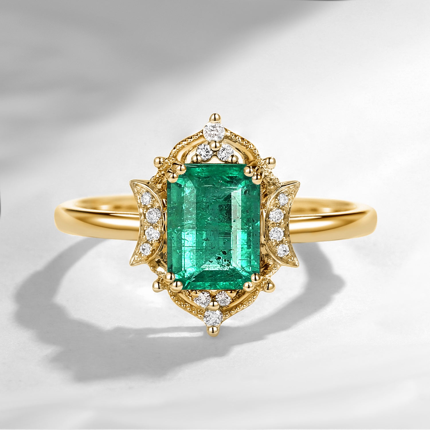 Crescent Moon | Vintage Style Emerald Cut Natural Emerald Moon Engagement Ring
