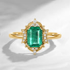 Crescent Moon | Vintage Style Emerald Cut Natural Emerald Moon Engagement Ring