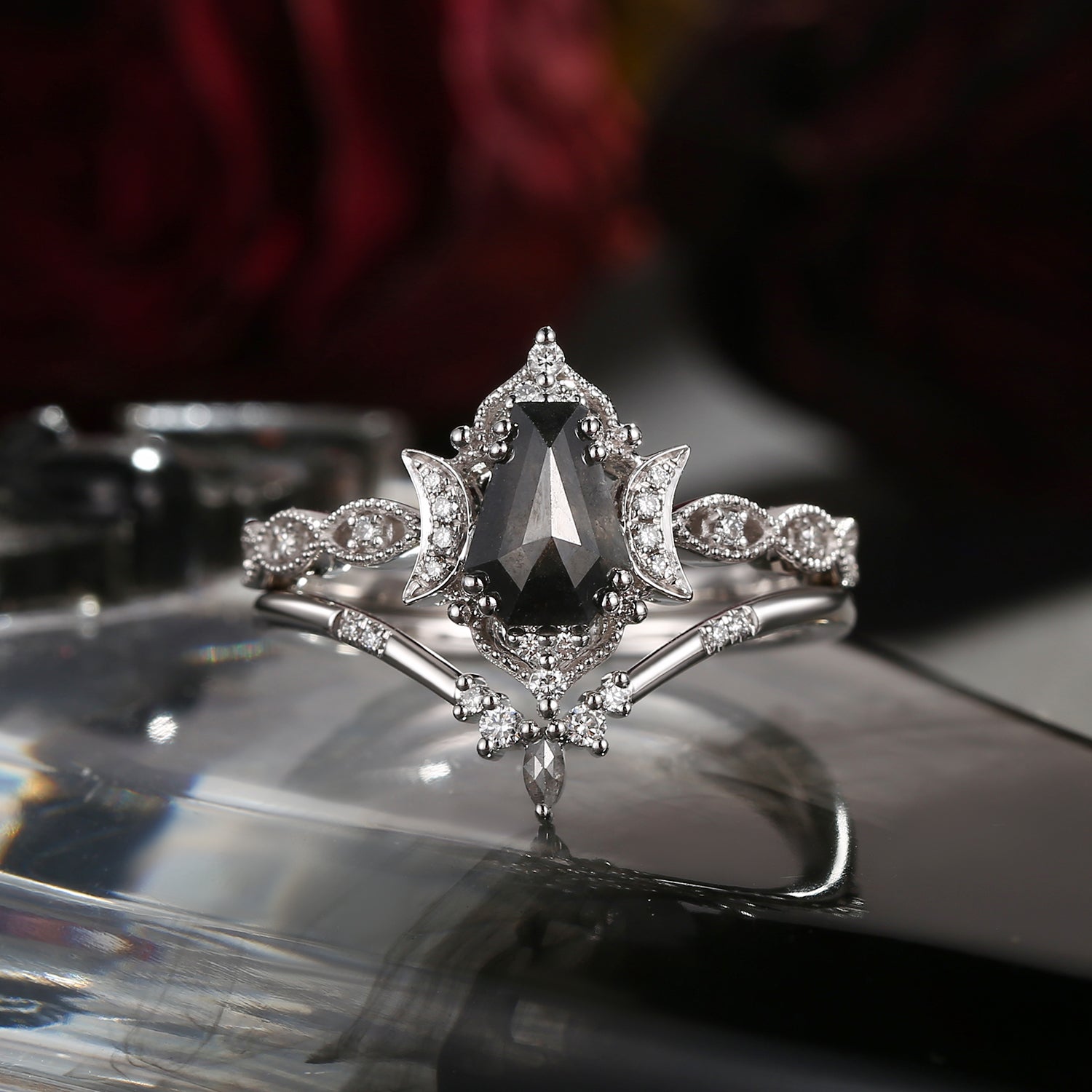 Crescent Moon | Unique Coffin Cut Natural Salt And Pepper Diamond Engagement Ring Set 2pcs - Luna