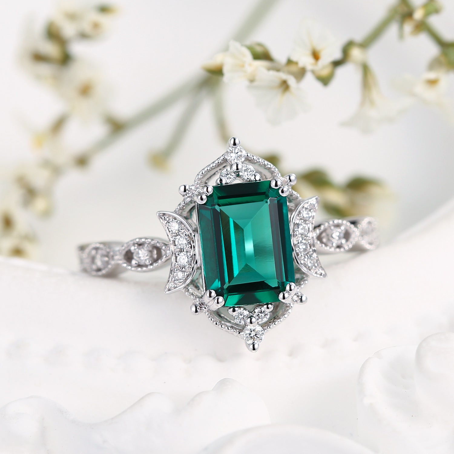 Crescent Moon | Art Deco Lab Emerald Engagement Ring