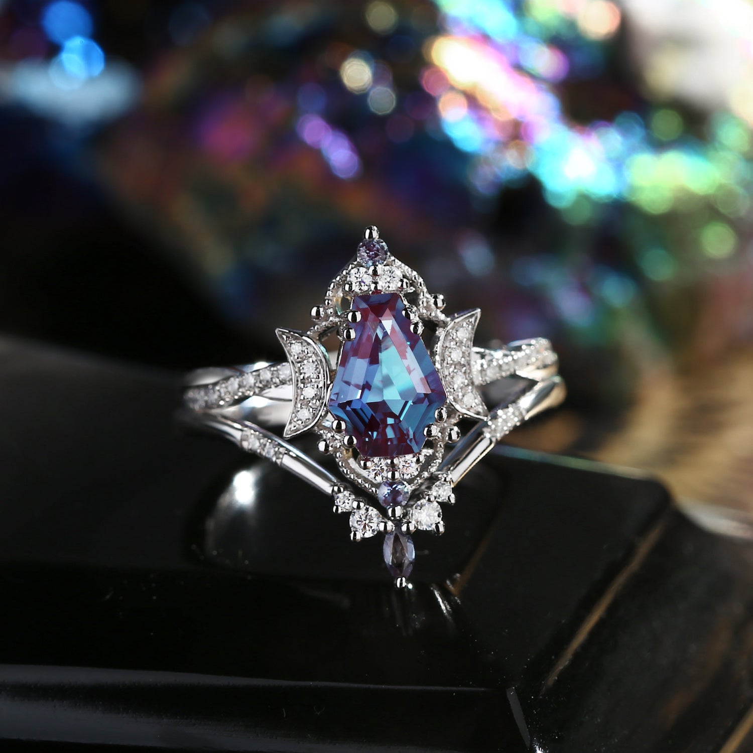 Crescent Moon | Coffin Mystic Changing Color Alexandrite Engagement Ring Set 2pcs - Alexandria