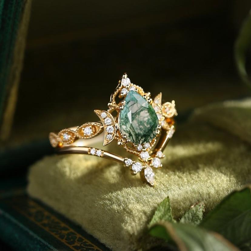 Crescent Moon | Unique Pear Shape Moss Agate Engagement Ring Set 2pcs - Luna