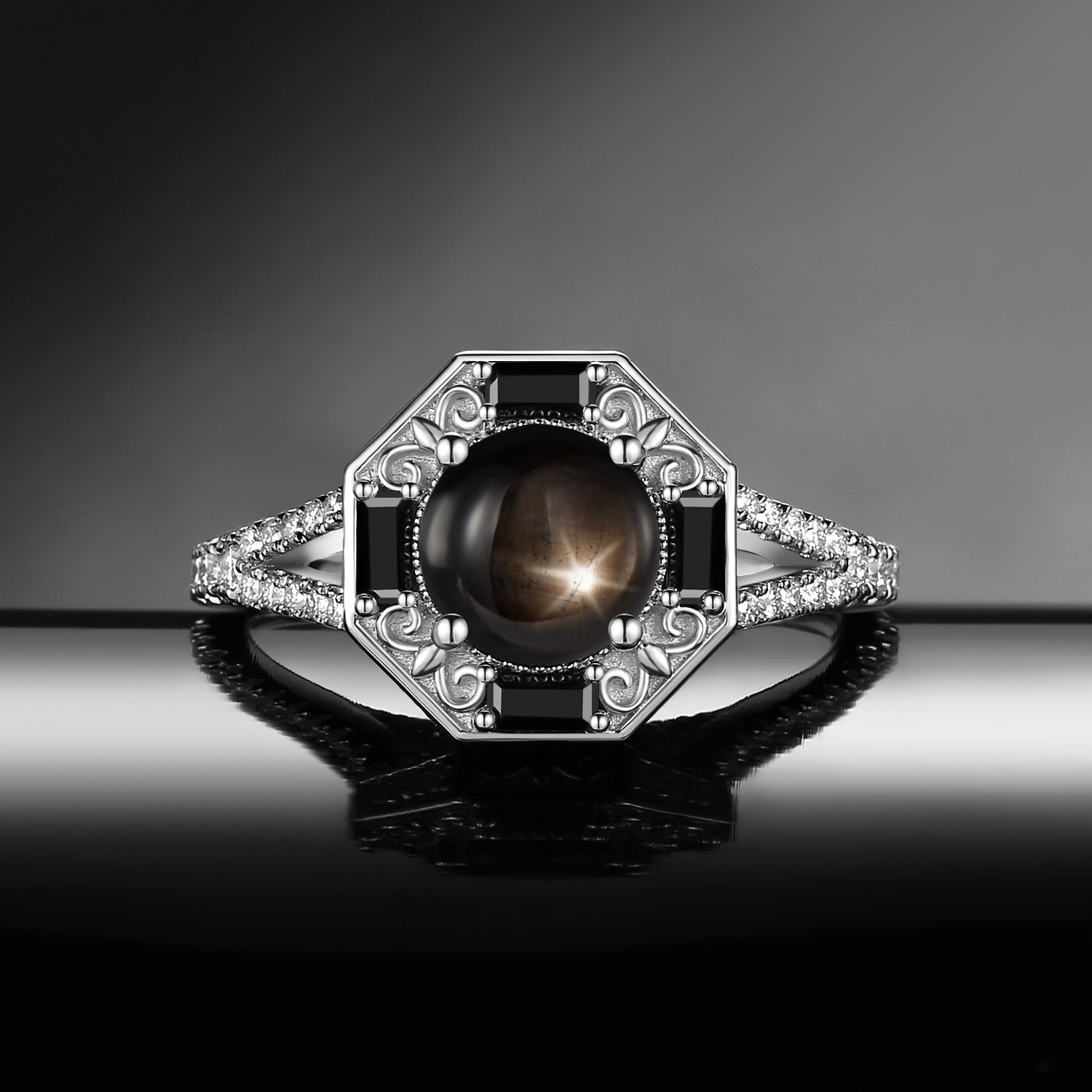 Unique Gothic Style Round Natural Star Sapphire 'Fallen Aegis' Filigree Hexagon White Gold Split Engagement Ring