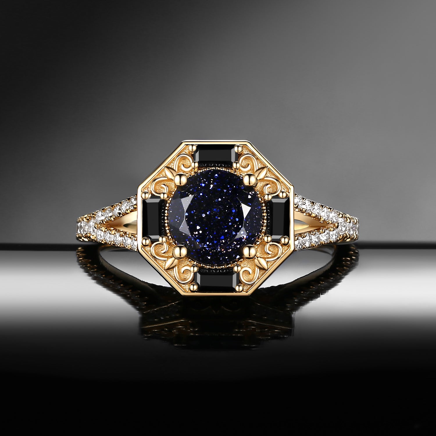 Round Cut Blue Sandstone 'Fallen Aegis' Filigree Gold Engagement Ring