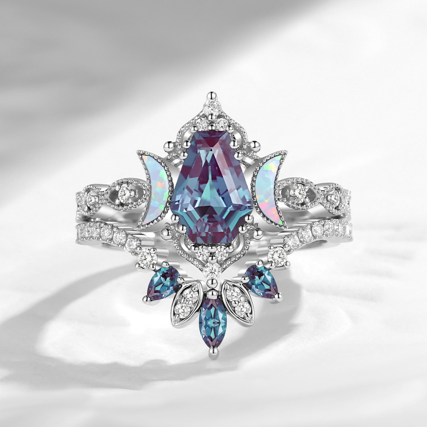 Crescent Moon | Coffin Cut Lab Alexandrite Engagement Ring Set 2pcs- 'Ultra Galaxy'