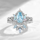 Crescent Moon | Coffin Cut Natural Aquamarine 'Ultra Galaxy' Engagement Ring Set 2pcs