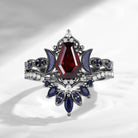 Crescent Moon | Coffin Cut Garnet Black Gold Engagement Ring Set 2pcs- 'Ultra Galaxy'