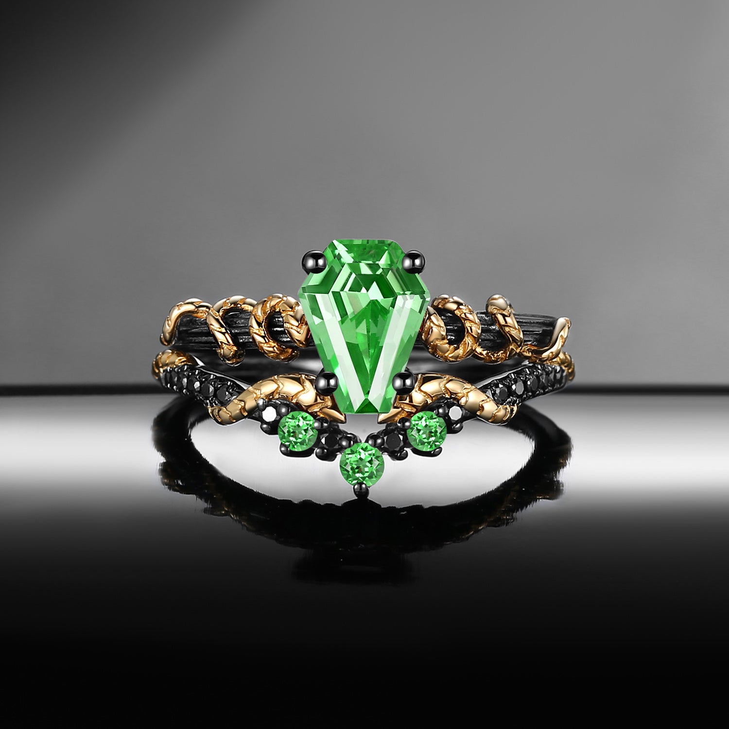 Gothic Coffin Lab Tsavorite Gold Snake Twist Two-Tone Engagement Ring Set 2pcs - Serpent's Embrace