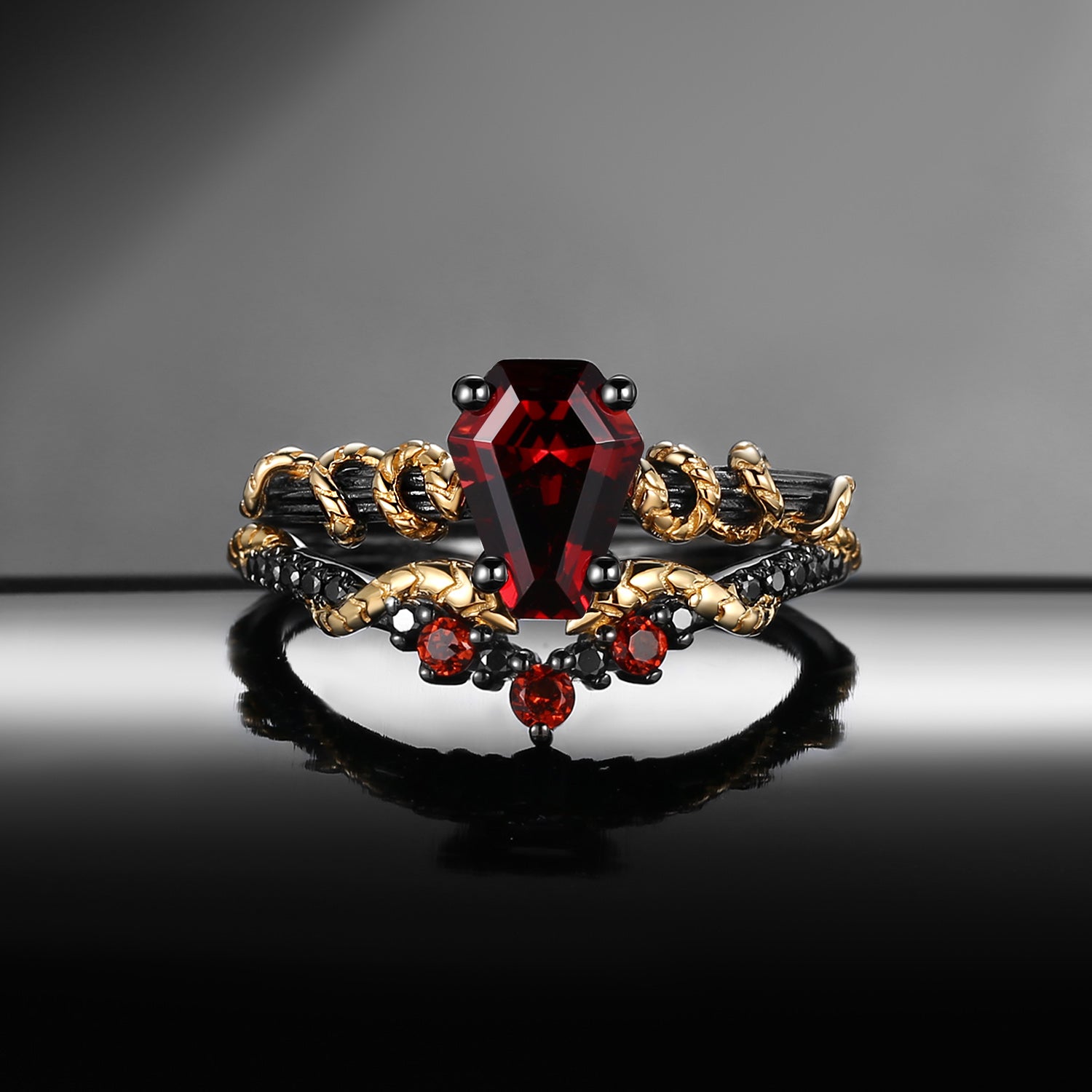 Gothic Twist Coffin Cut Garnet Two-Tone Gold Engagement Ring Set 2pcs - Serpent's Embrace