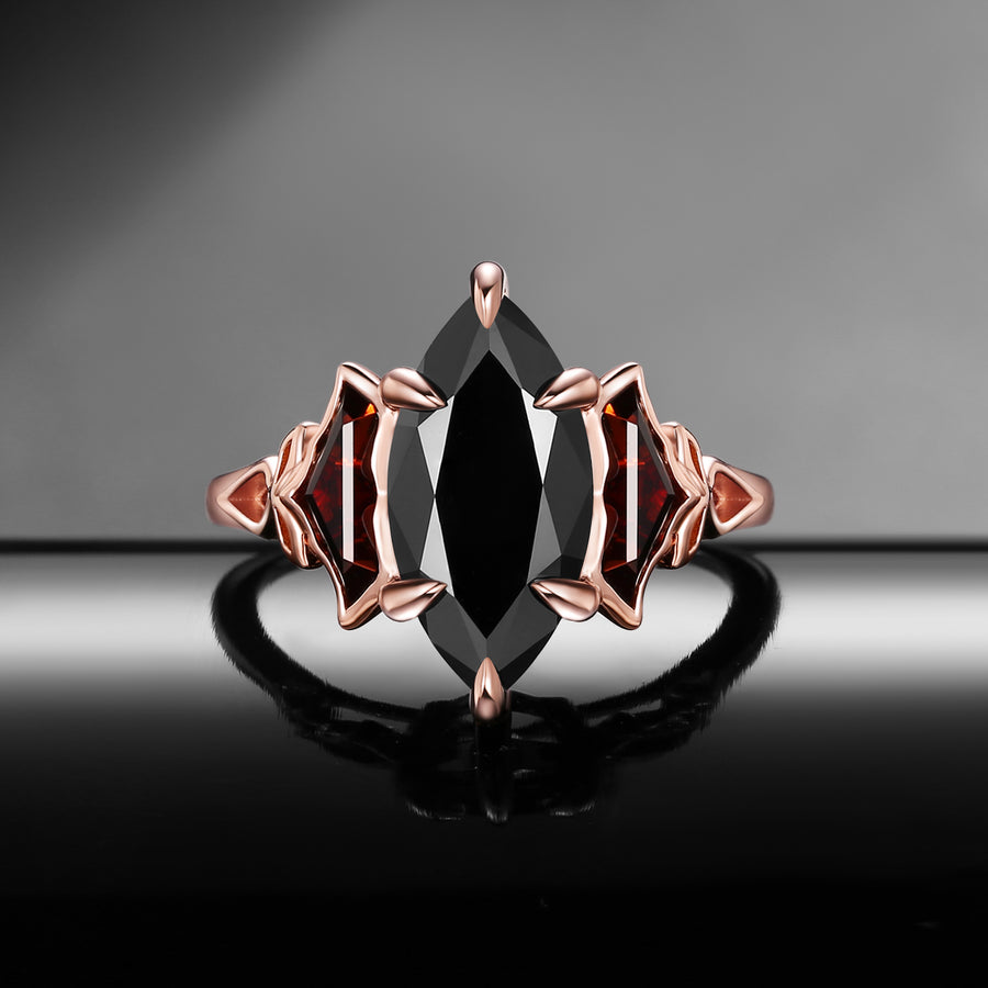 Black moissanite marquise gothic bat ring