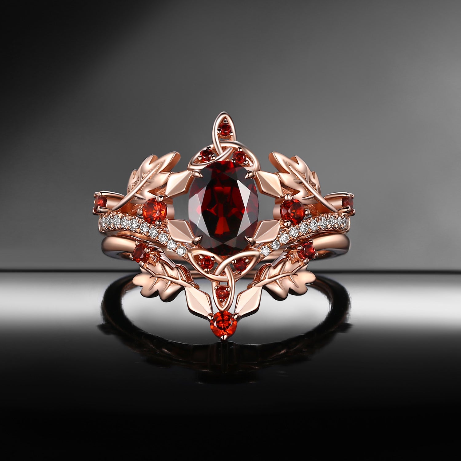 Celtic Calendar | 12.24-1.20 | Oval Garnet Nature Inspired Birch Leafy Celtic Ring Set 2pcs