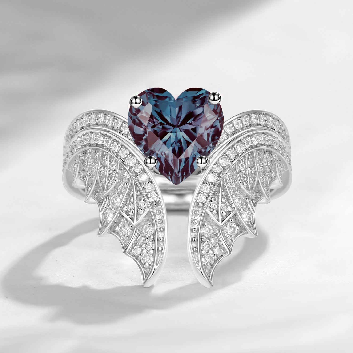 Heart Shaped Lab Alexandrite Vintage Bridal Set 2pcs - Bat Ring