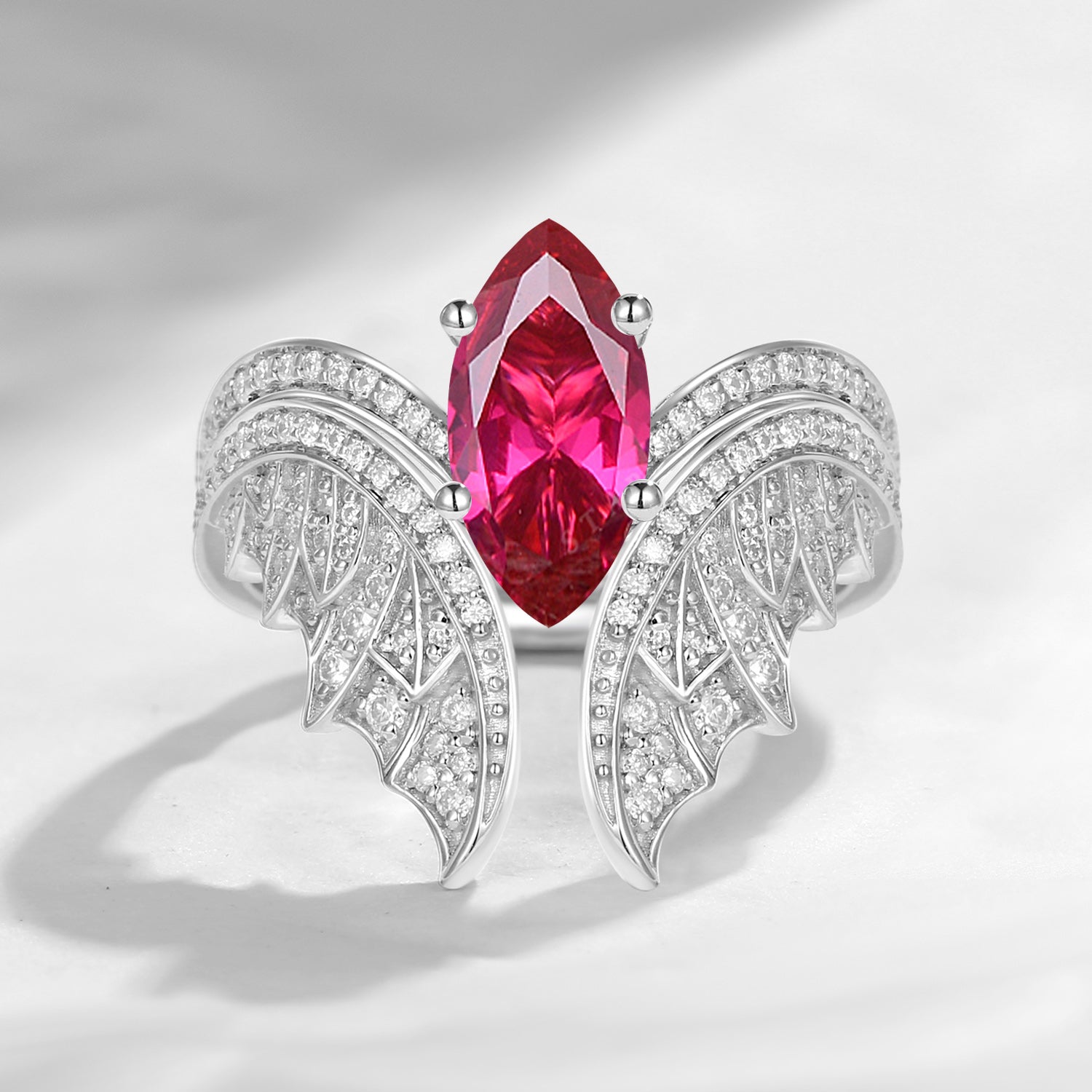 Marquise Cut Lab Ruby Vintage White Gold Bridal Set 2pcs - Bat Ring