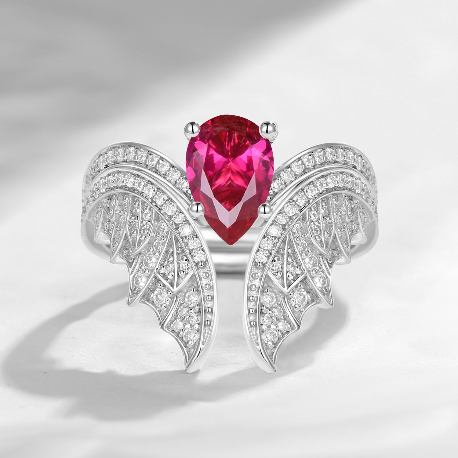 Pear Cut Lab Ruby Vintage White Gold Bridal Set 2pcs - Bat Ring