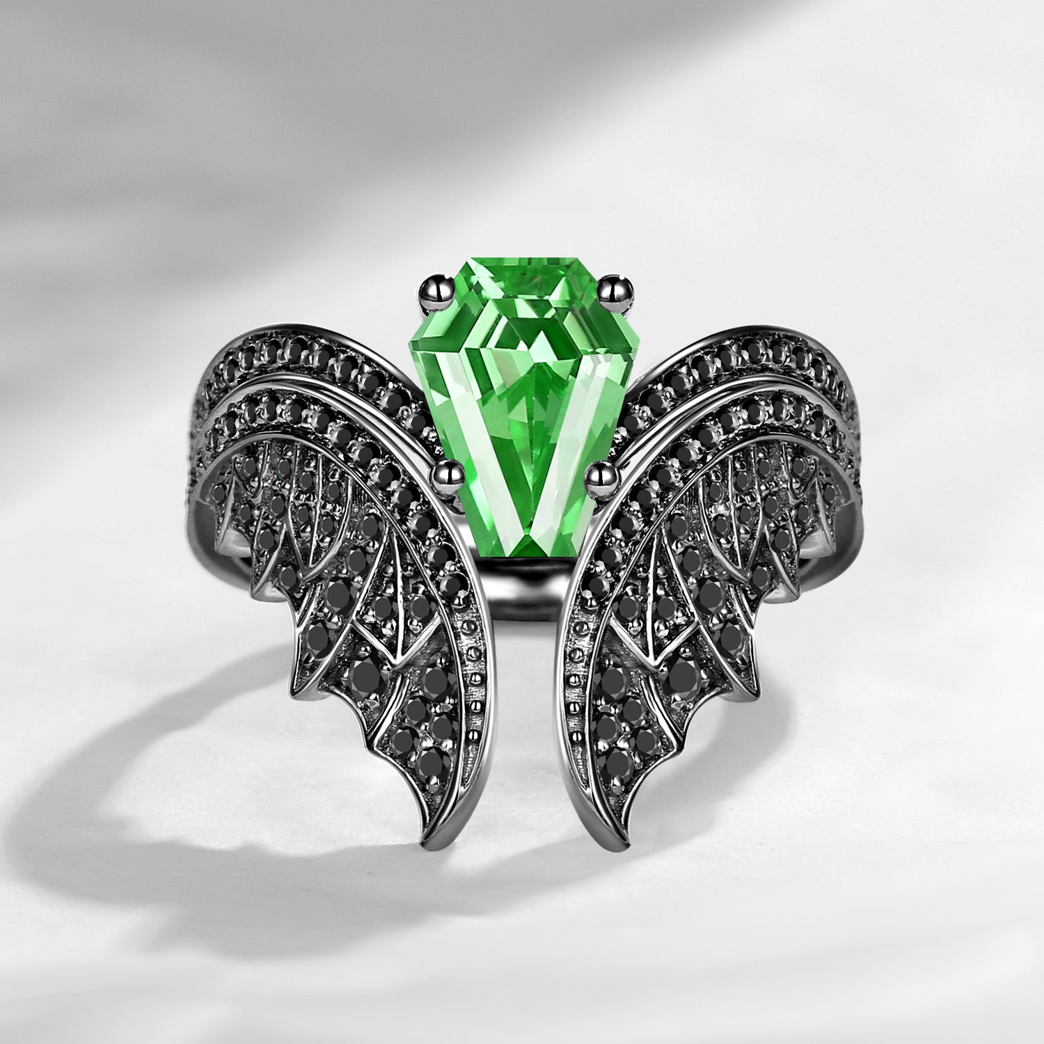 Coffin Cut Lab Tsavorite Vintage Black Gold Bridal Set 2pcs - Bat Ring