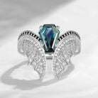 Coffin Cut Lab Teal Sapphire Vintage White Gold Bridal Set 2pcs - Bat Ring