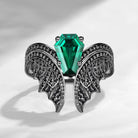 Coffin Cut Lab Emerald Vintage Black Gold Bridal Set 2pcs - Bat Ring