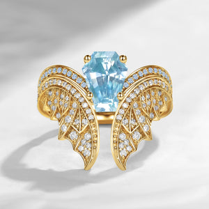 Coffin Cut Natural Aquamarine Vintage Yellow Gold Bridal Set 2pcs - Bat Ring