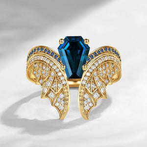 Coffin Cut London Blue Topaz Vintage Yellow Gold Bridal Set 2pcs - Bat Ring