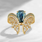 Coffin Cut Lab Teal Sapphire Vintage Yellow Gold Bridal Set 2pcs - Bat Ring