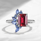 Cluster Emerald Cut Natural Red Tourmaline Sapphire Accents Engagement Ring